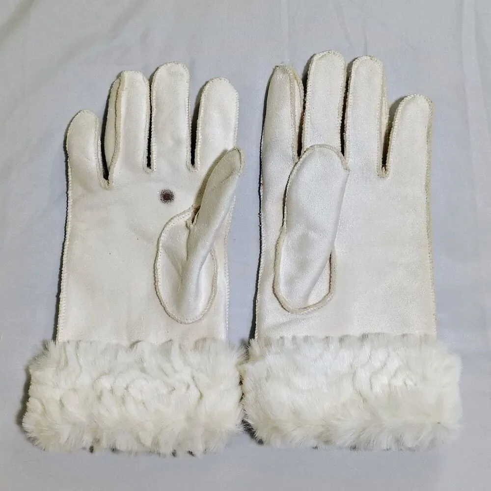 Coldwater Creek Ivory Faux Suede Faux Fur Trim Lined Gloves L Old Money Mob Wife
